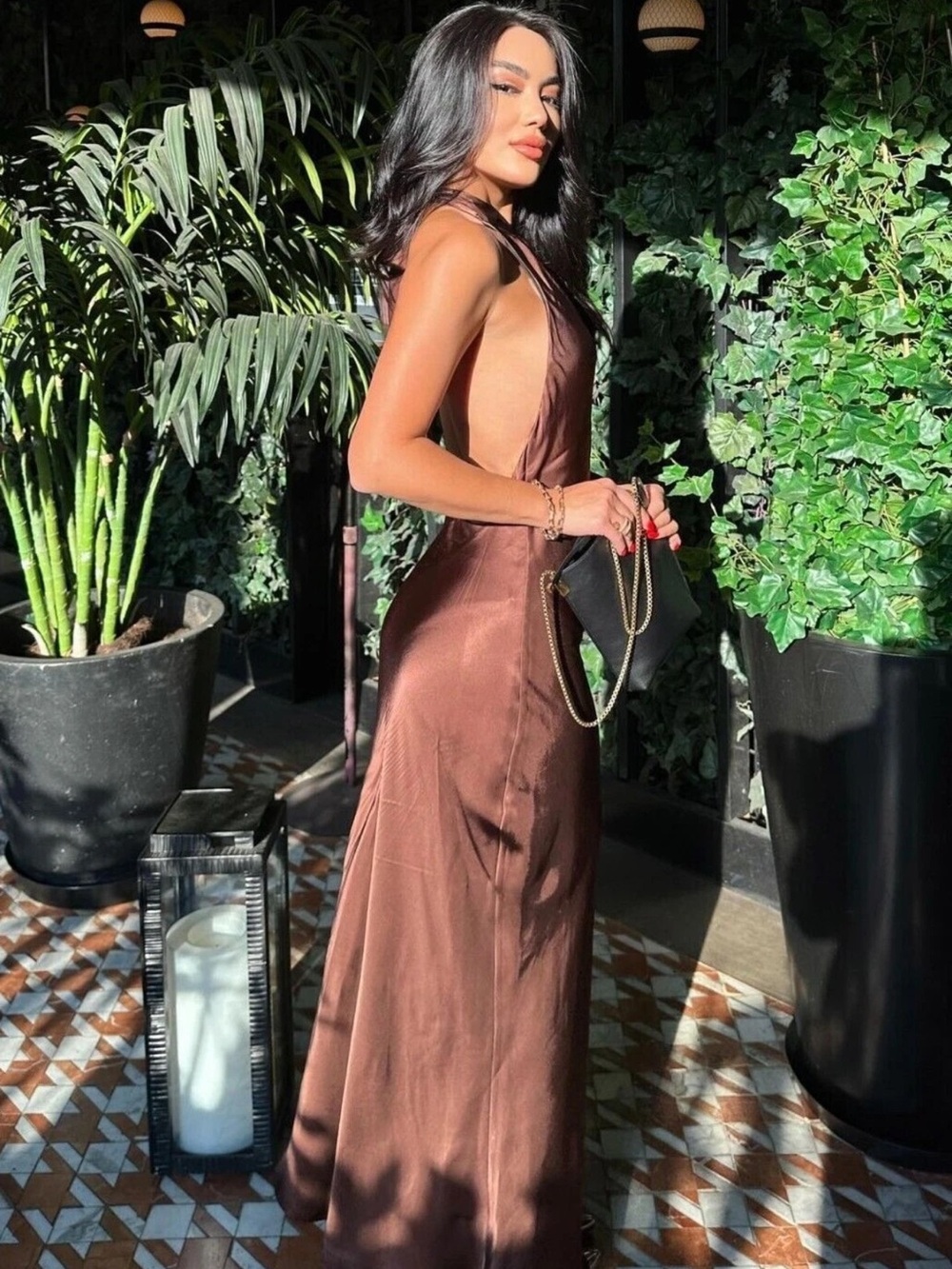 Zara Backless Halter Maxi Dress in Chocolate Brown